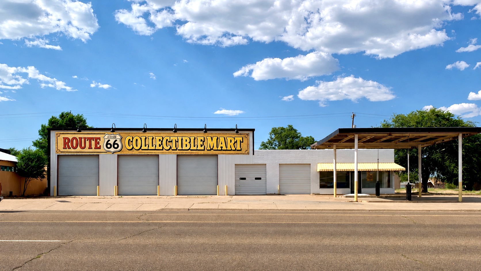Actual Route 66 Collectible Mart garage building in Tucumcari, New Mexico