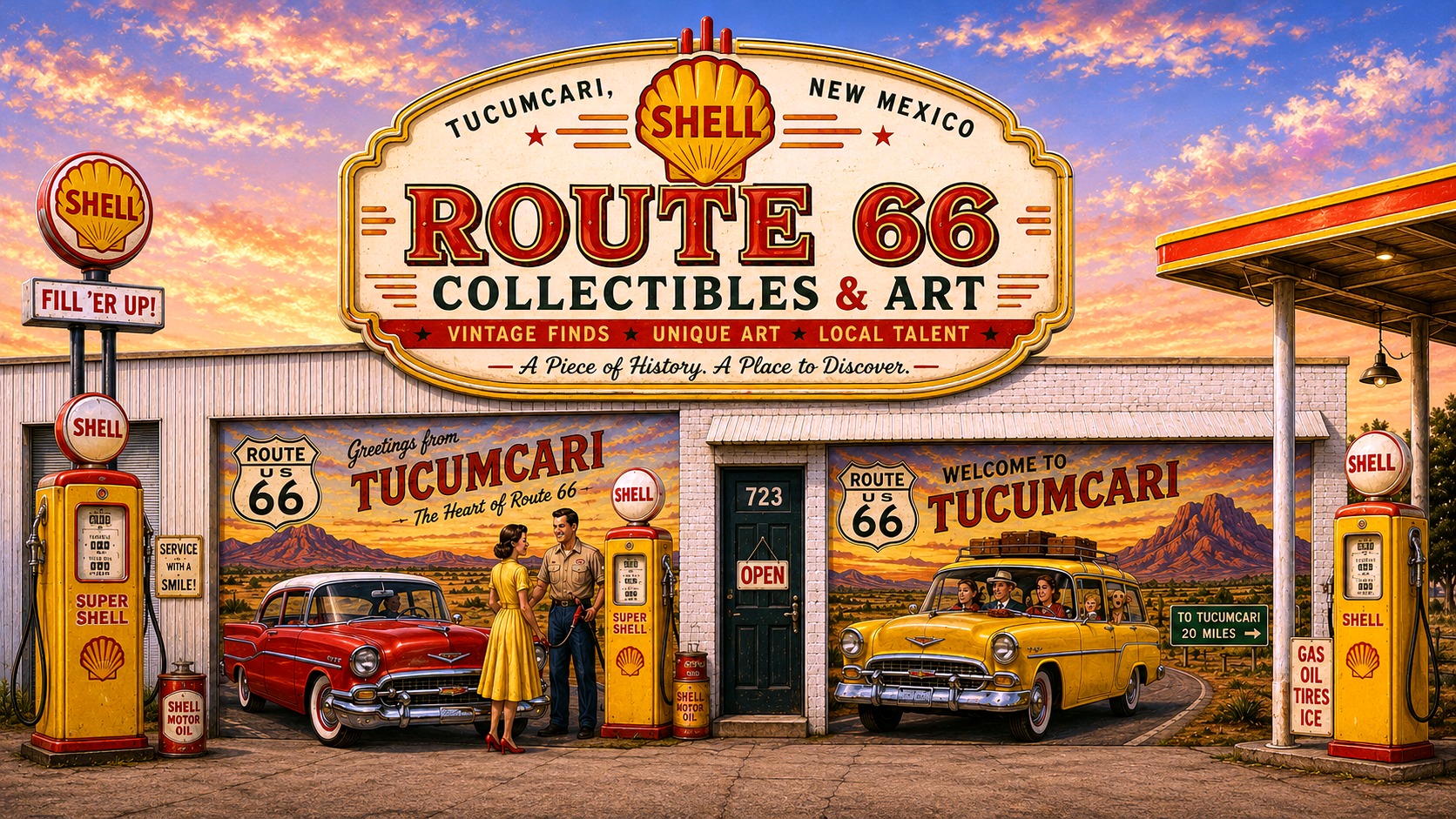 Shell-inspired Route 66 Collectible Mart storefront concept